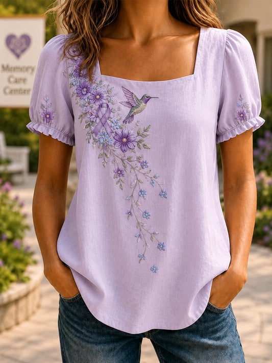 Women's Purple Floral & Hummingbird Print Alzheimer's Awareness Support Shirt