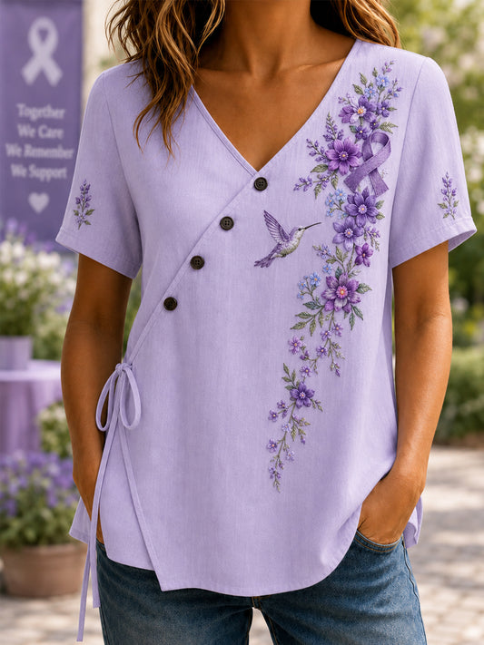 Women's Purple Floral & Hummingbird Print Alzheimer's Awareness Support V-Neck Shirt