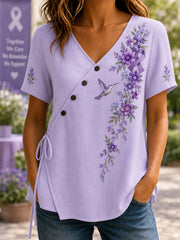 Women's Purple Floral & Hummingbird Print Alzheimer's Awareness Support V-Neck Shirt