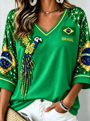 Women's Mid-length Sleeves V-Neck T-Shirt