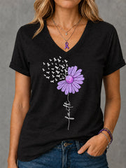 Women's Purple Ribbon Sunflower Faith Print Alzheimer's Awareness Support V-Neck Tee