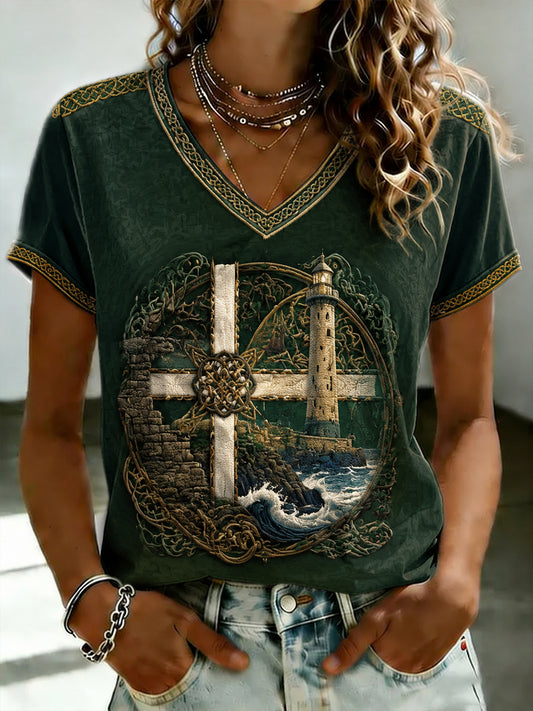 Women's Cornish style Printed V-neck T-shirt