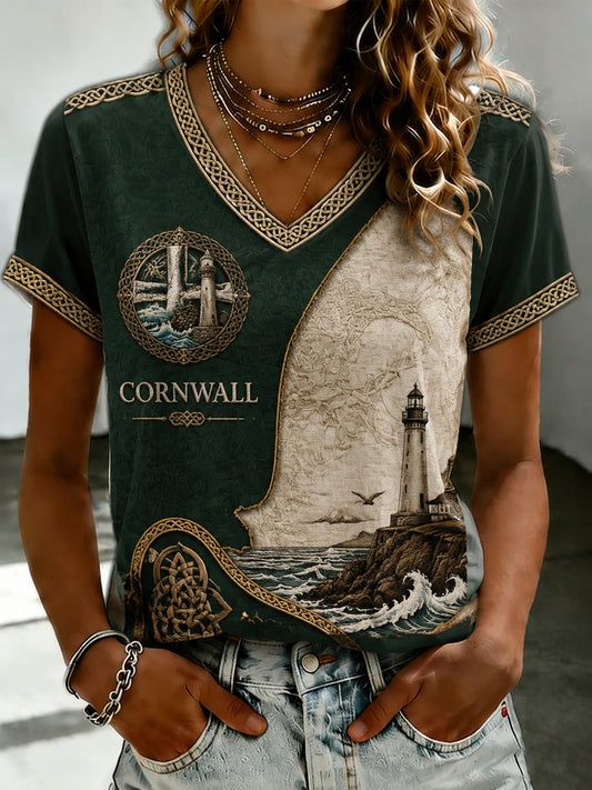 Women's Cornish style Printed V-neck T-shirt