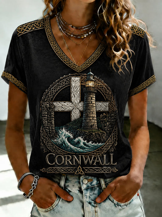 Women's Cornish style Printed V-neck T-shirt