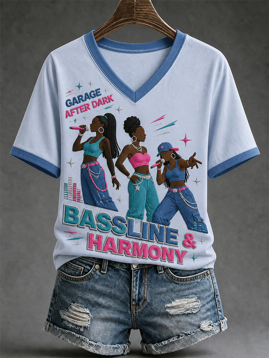 Women's Y2K UK Garage Girl Trio Print Casual V-Neck Tee