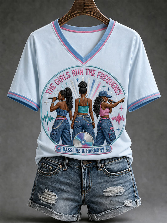 Women's Y2K UK Garage Girl Trio Print Casual V-Neck Tee