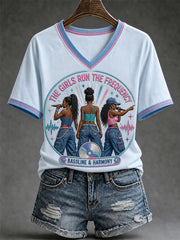 Women's Y2K UK Garage Girl Trio Print Casual V-Neck Tee
