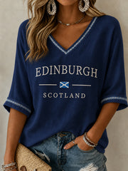 Women's Edinburgh Art Lover Printed  Mid-length Sleeves V-Neck T-Shirt