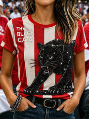 Women's England Football Lover Black Cats Art Printed T-shirt