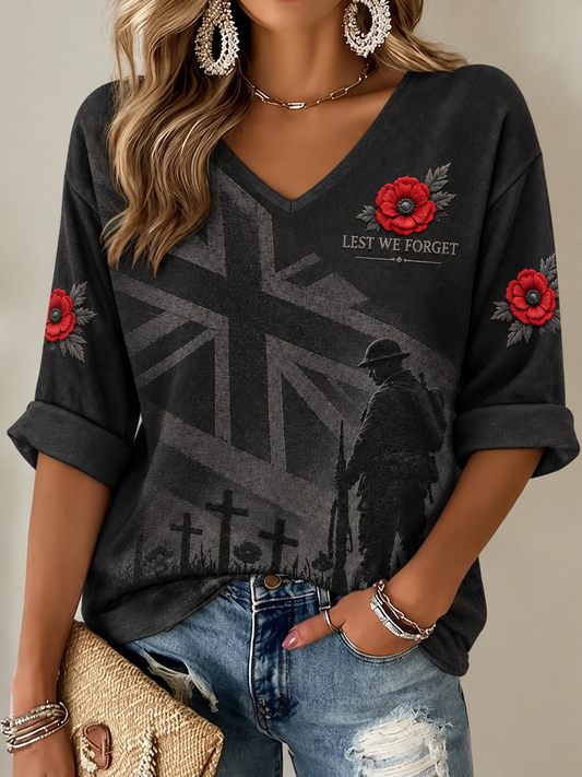 Women's Remembrance Day Mid-length Sleeves V-Neck T-Shirt