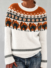 Women's Fair Isle Spooky Black Cat Long Sleeve Crewneck Sweater